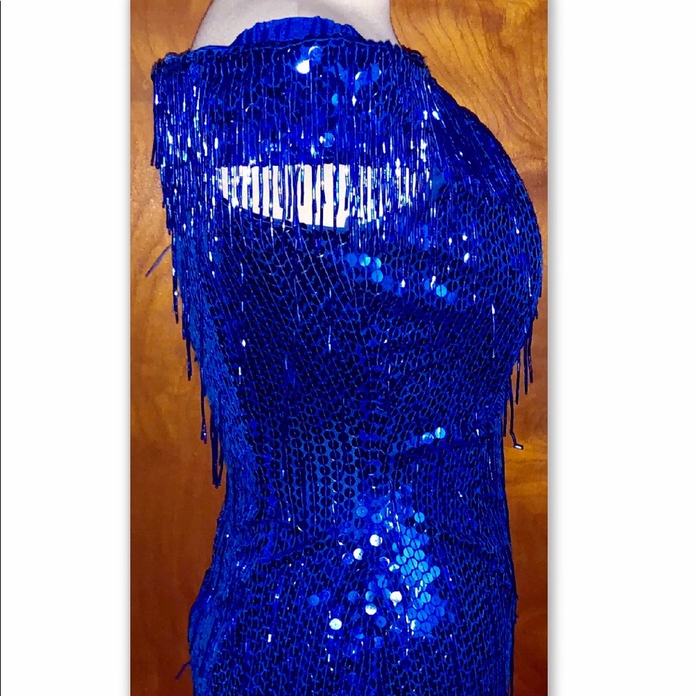 NADINE PETITE•ROYAL BLUE BEADED SEQUIN DRESS - Picture 6 of 7